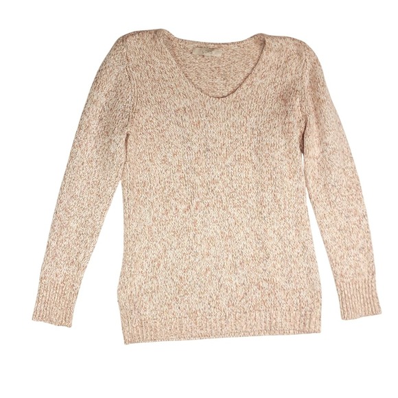 LOFT Sweaters - LOFT V-Neck Sweater Women M Medium Pink Beige Marled Knit Cotton Blend Soft L/S